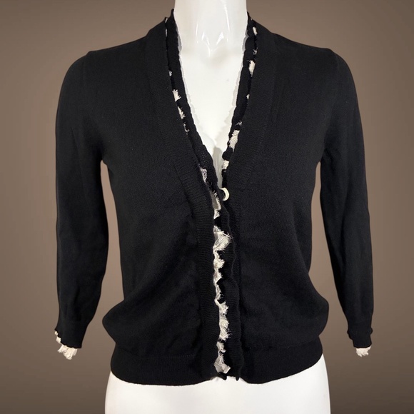 Women's J. Crew Black Quarter Sleeve Cardigan W/Ruffle detail, Wool Blend, Small - Picture 2 of 8